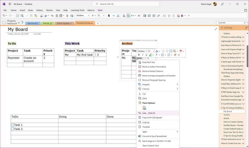 A custom Kanban board layout created inside Microsoft OneNote using a three-column table structure