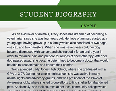 Visual examples of professional biography layouts and structures
