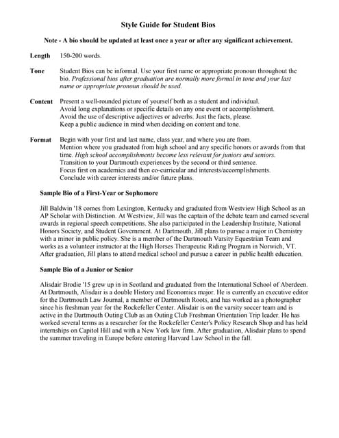 A sample student biography document showing standard formatting and layout