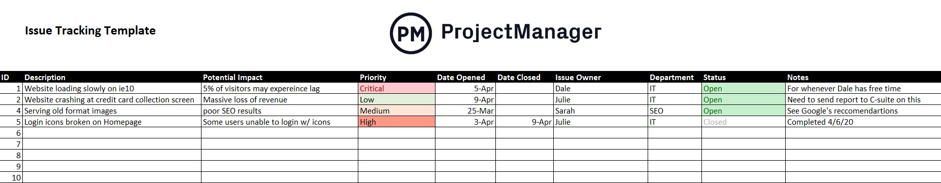 Free Excel Problem Tracking Templates