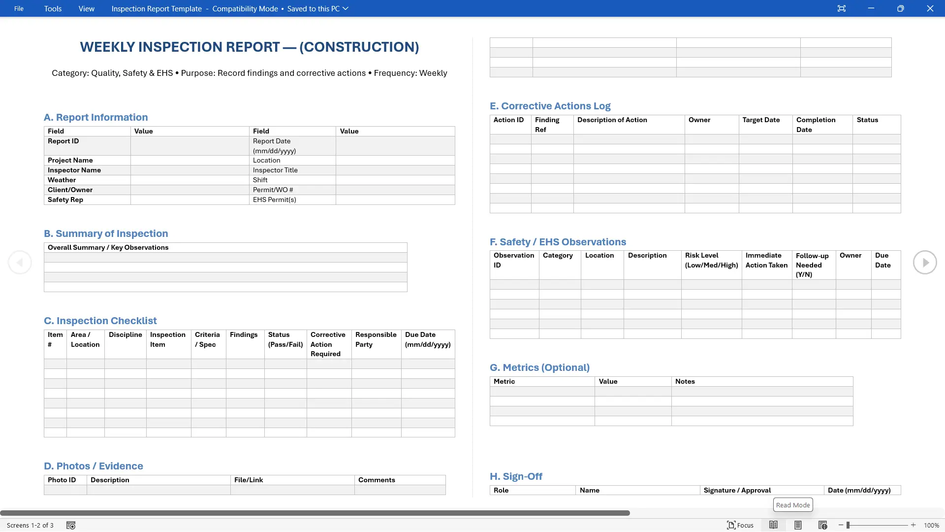 Inspection Report Template Word