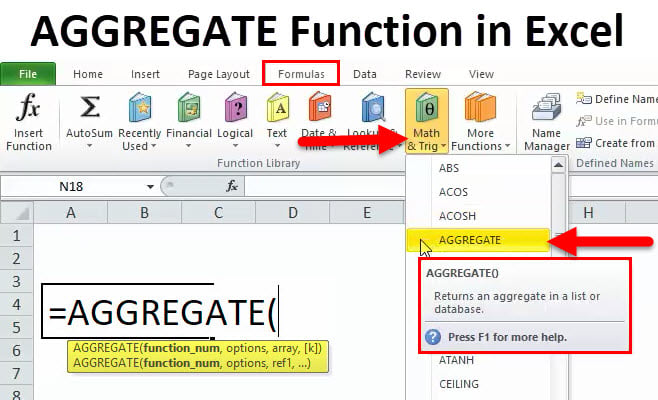 Excel AGGREGATE function syntax and examples diagram