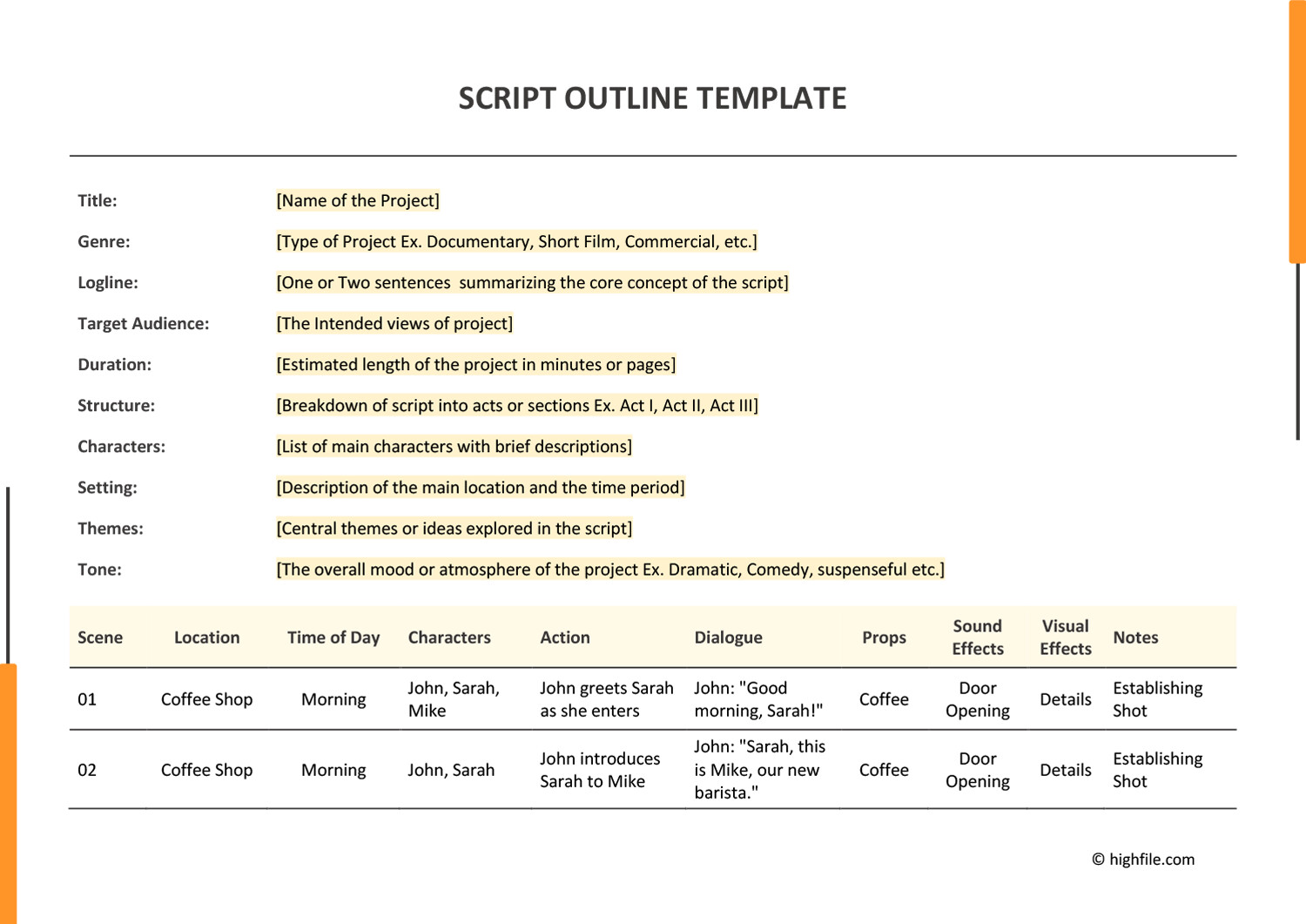 A visual representation of a script outline template for Google Docs and Word