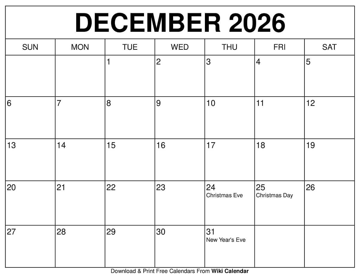 Free December 2026 Calendar Printables