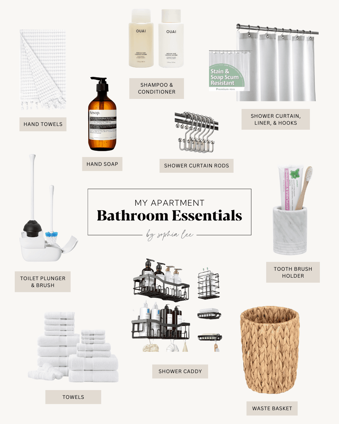 A comprehensive first apartment checklist showing essential items categorized by room