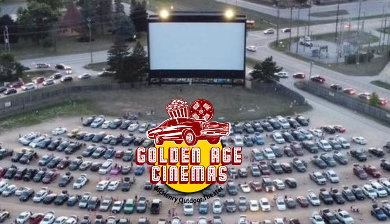Aerial drone view of the McHenry Outdoor Theater showing the concession stand building in the center of the lot