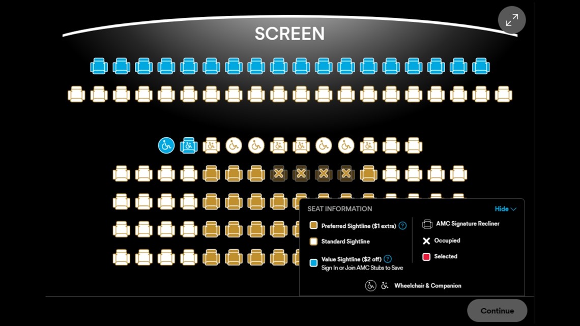 AMC theater seating showing premium recliners which impact ticket pricing