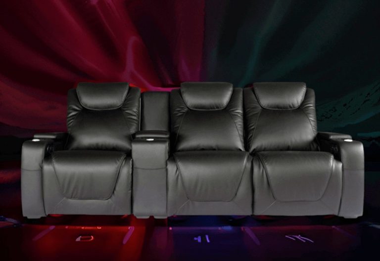 A luxurious home theater loveseat configuration in black leather