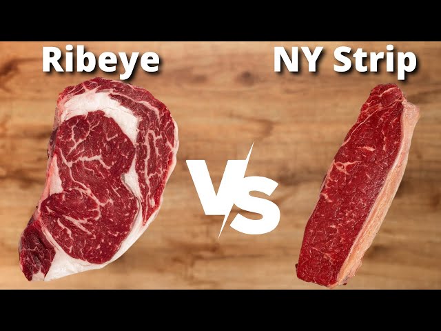 Comparison of cooked Ribeye and New York Strip steaks showing internal doneness