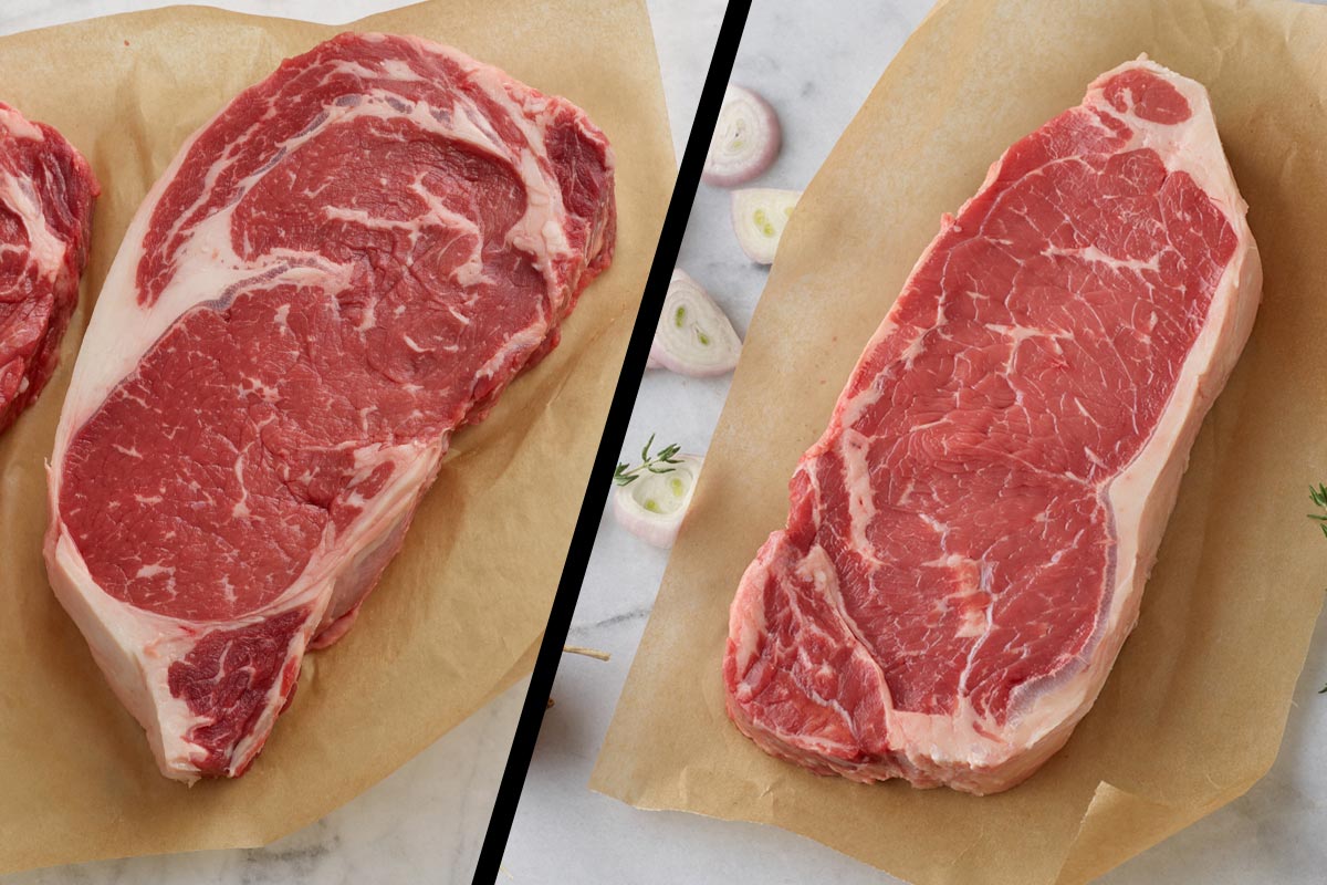 A chef searing a steak in a cast iron pan with butter and herbs