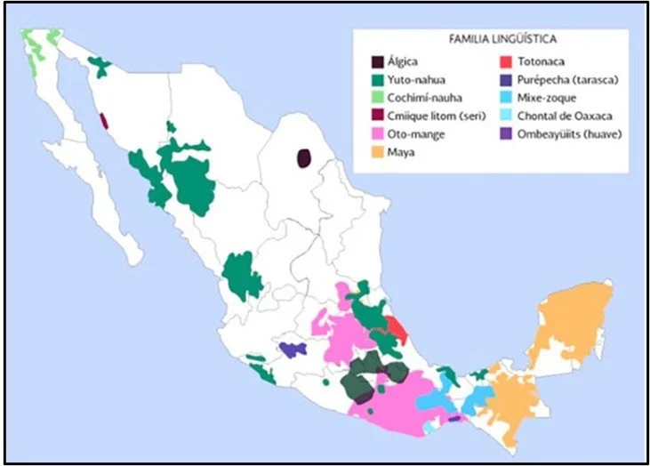 Map showing the distribution of indigenous language families in Mexico