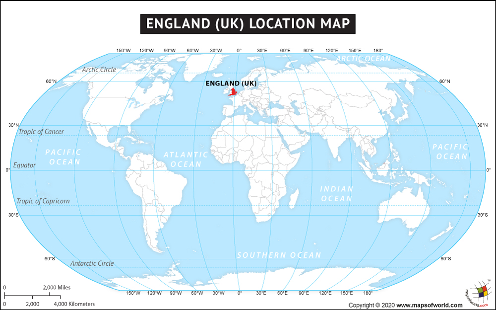 Map showing the location of England within Europe and the United Kingdom