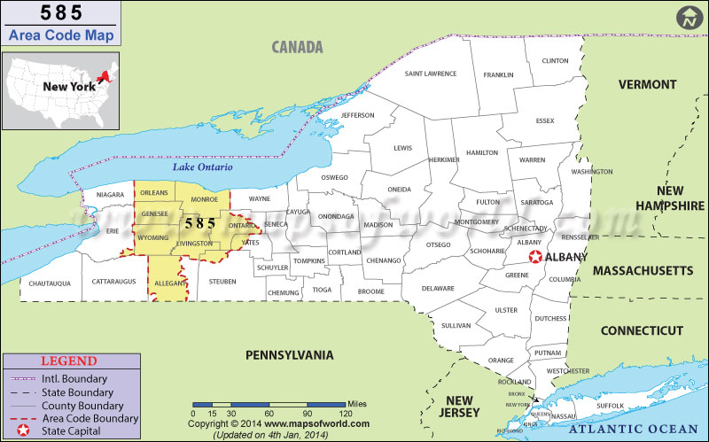 Detailed map showing the 585 area code boundaries in New York state