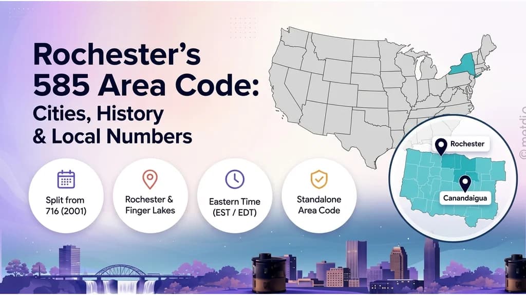 Graphic showing the benefits of a 585 area code for business