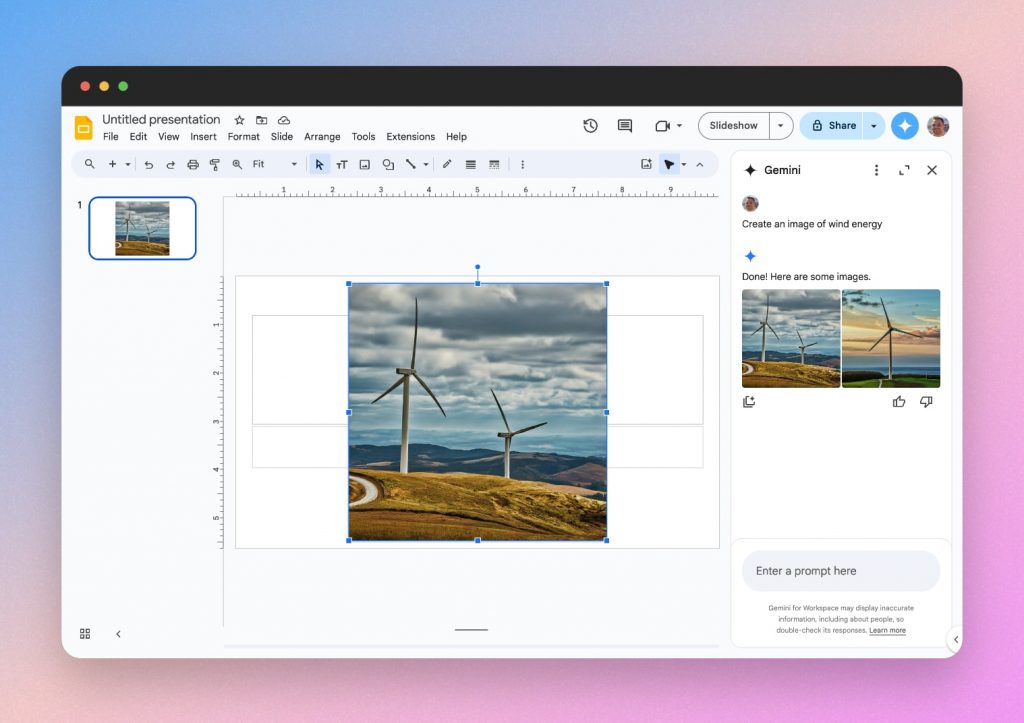 Google Slides AI integration showing image generation capabilities