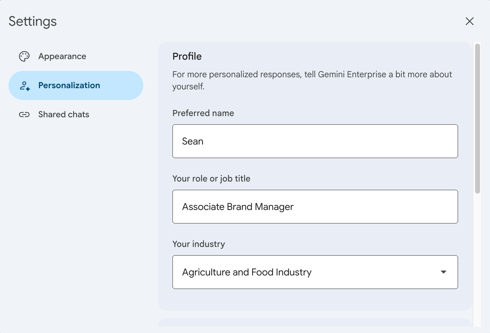 Manage Gemini Personal Context Settings