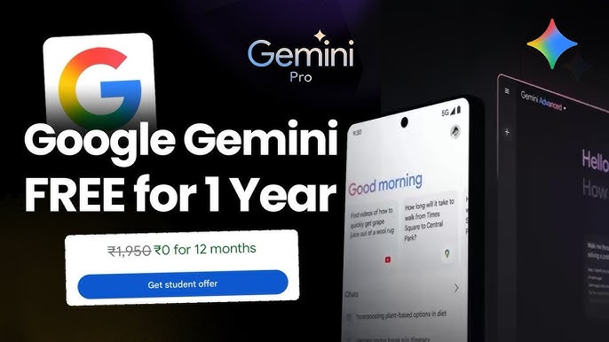 YouTube thumbnail showing Google Gemini Pro free 1 year student offer