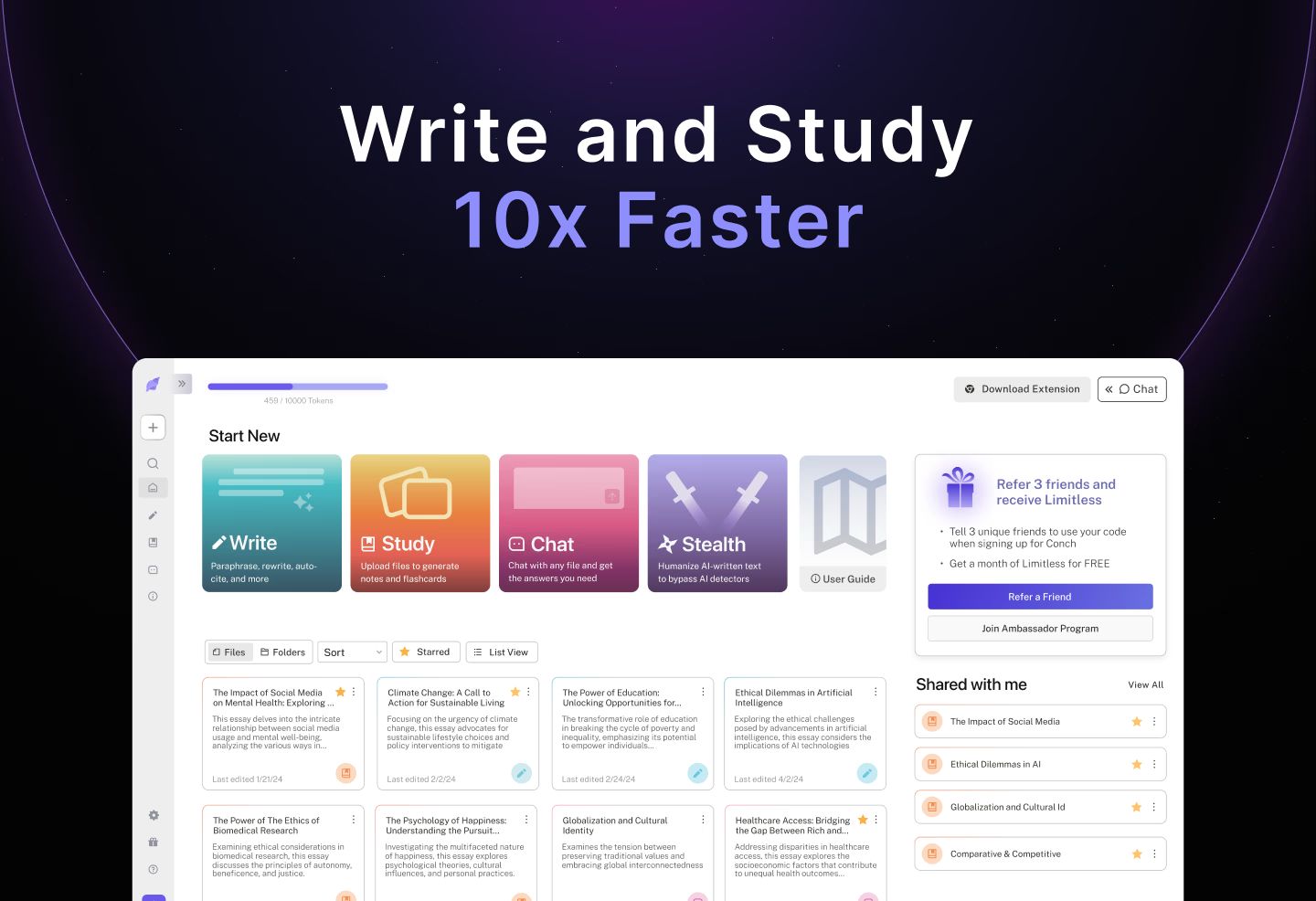 Conch AI dashboard showing the essay writing and research assistant interface