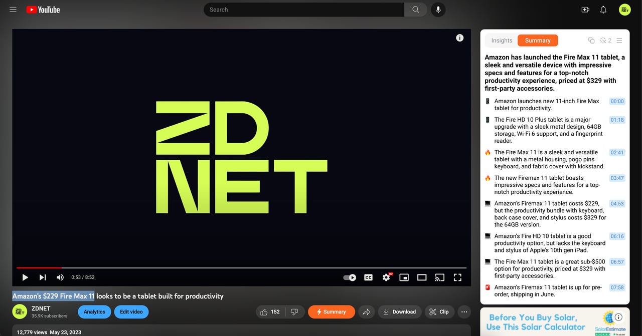 Screenshot of AI video summarization tool interface