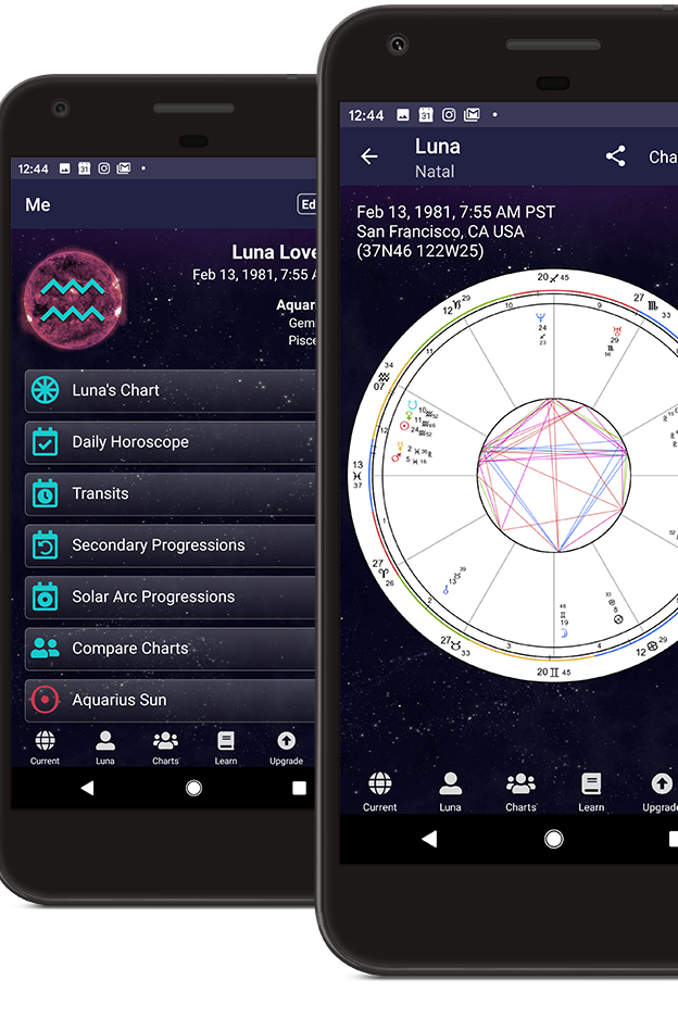 Screenshots of various astrology app interfaces showing daily horoscopes and birth chart wheels.