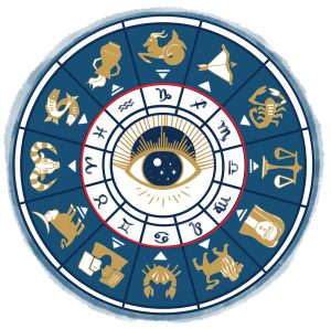 Blue circular astrology birth chart showing planetary alignments and aspect lines