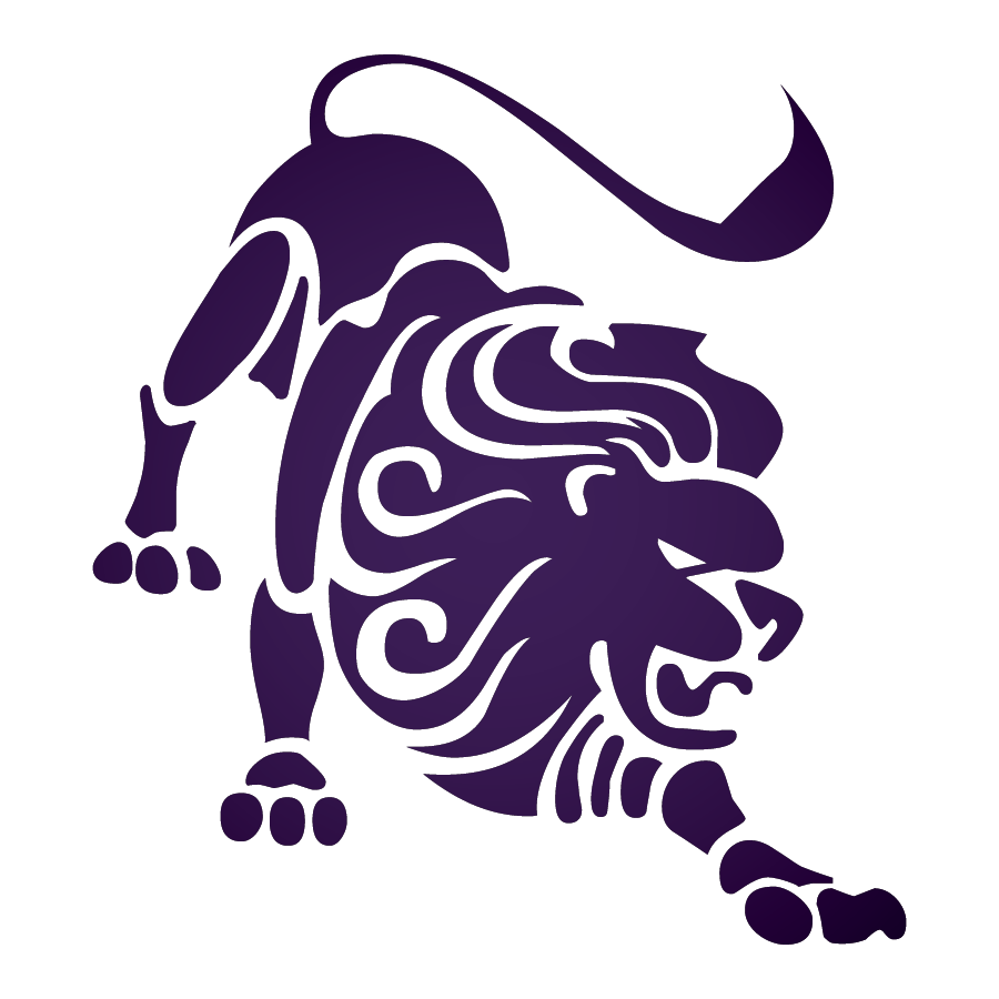 Purple graphic showing the Leo zodiac symbol and the lion constellation