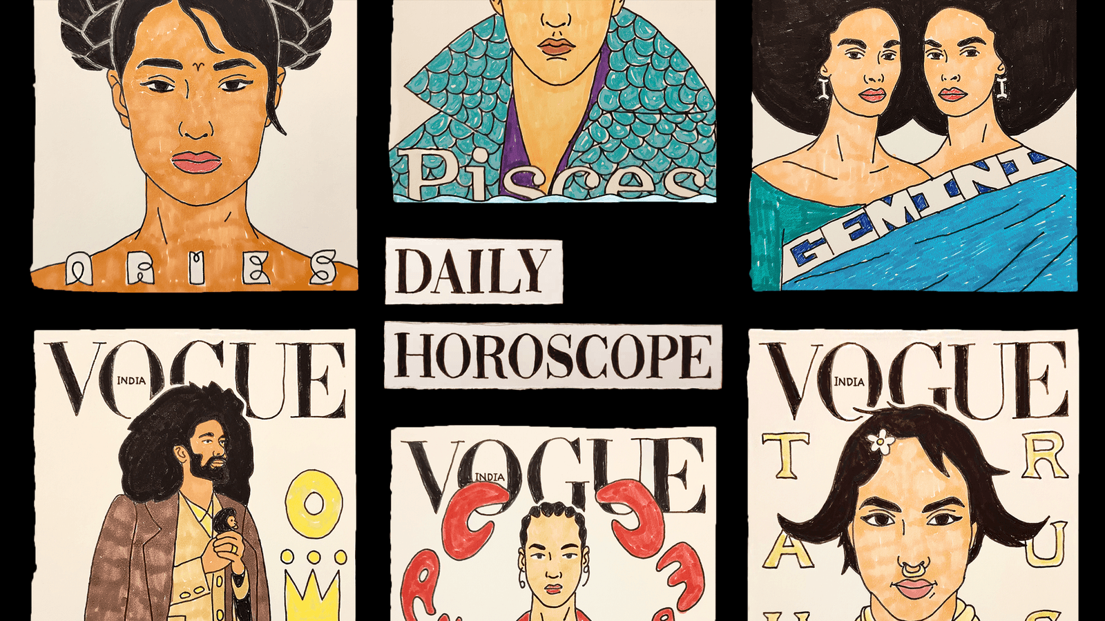 A stylized graphic showing daily horoscope themes and planetary alignments