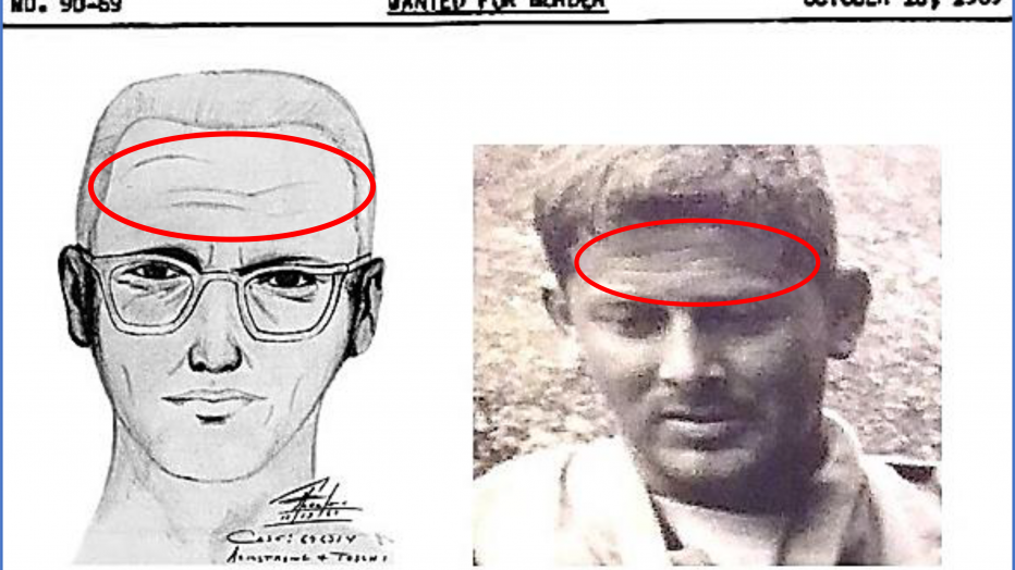 Composite sketch of the Zodiac Killer alongside investigative evidence