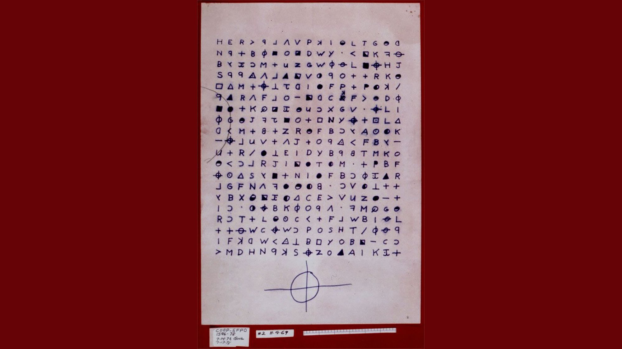 A visual representation of the Zodiac Killer's cryptographic symbols and cipher grids