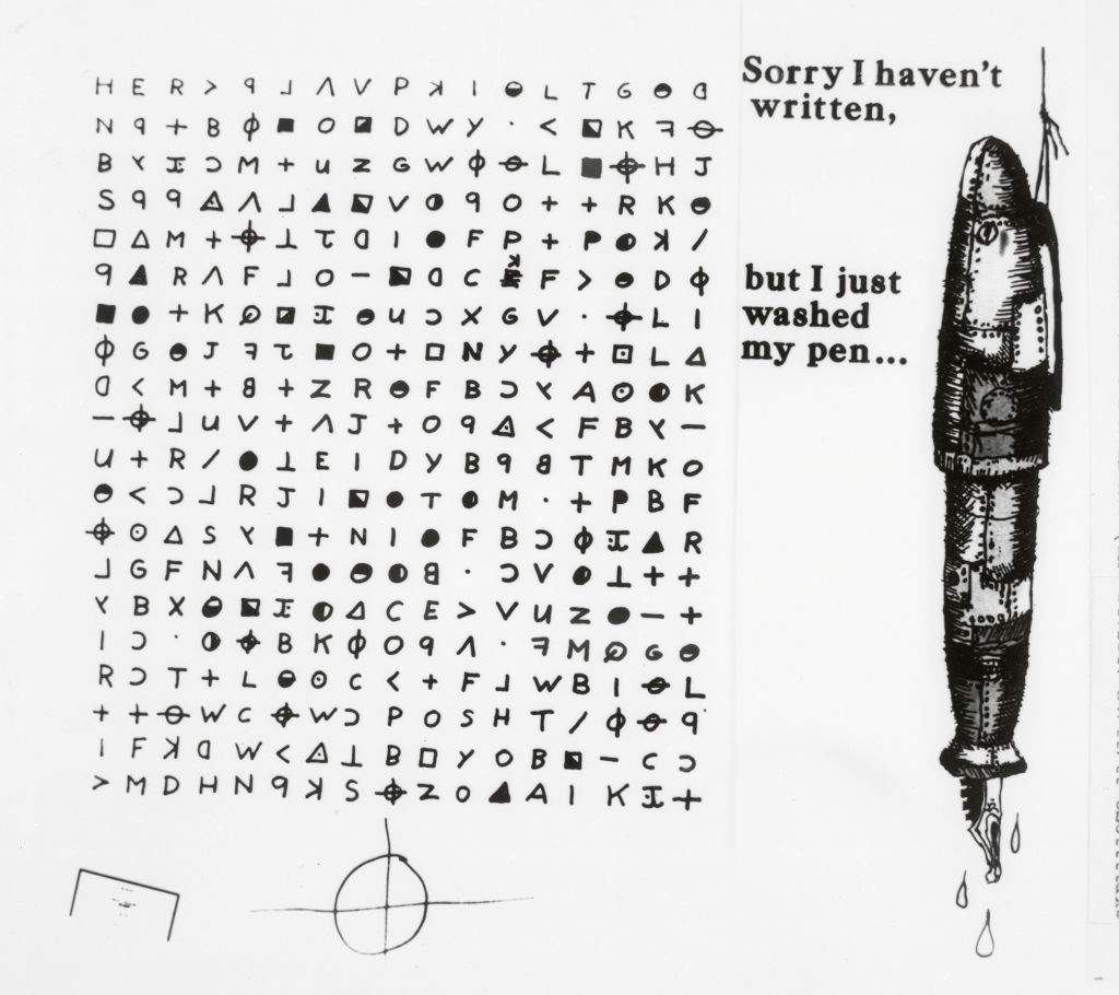 The decoded Z340 cipher showing the English text translation over the original symbols