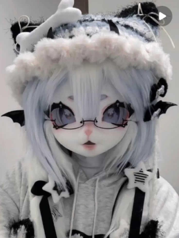 A high-quality Chinese Kemono style fursuit with pink and white fur and large expressive eyes