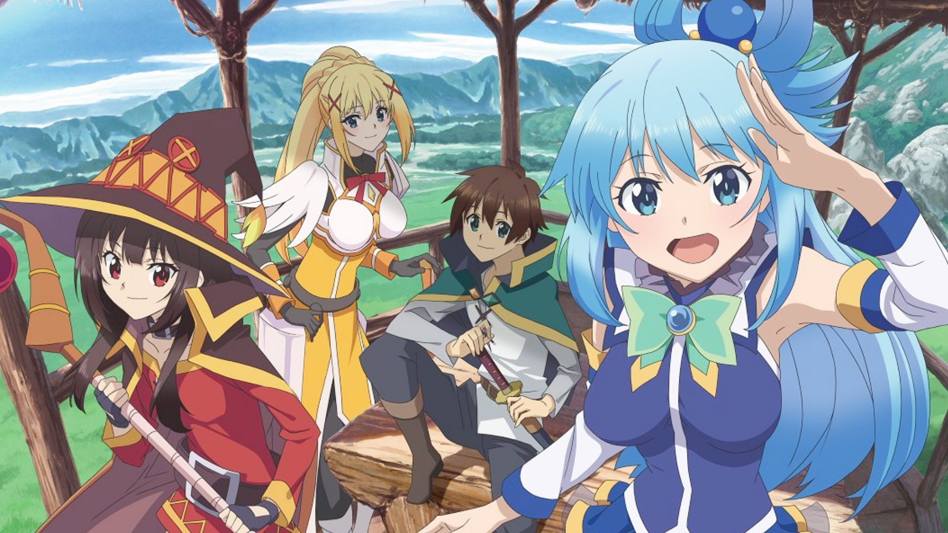 Official announcement visual for Konosuba Season 4 featuring the main cast