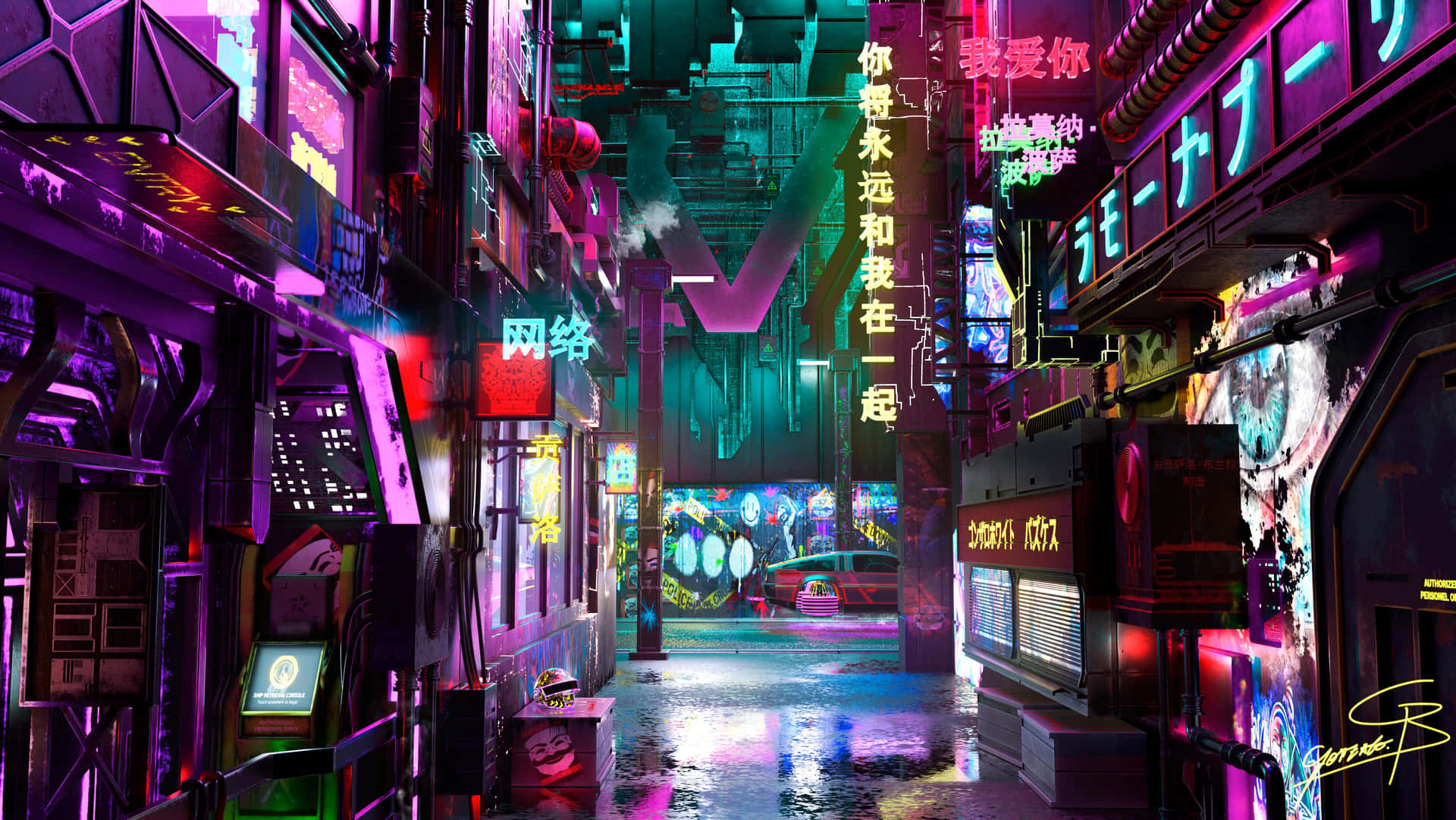 Cyberpunk aesthetic future desktop background showing neon city lights