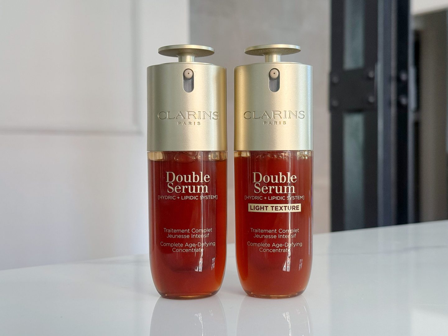 Clarins Double Serum bottles showing the dual-chamber design