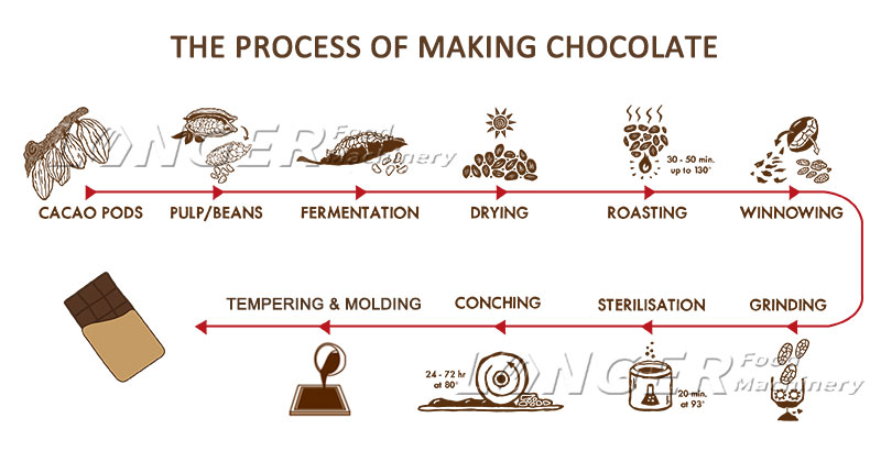 A collage showing the 6 main steps of chocolate production from bean to liquid chocolate