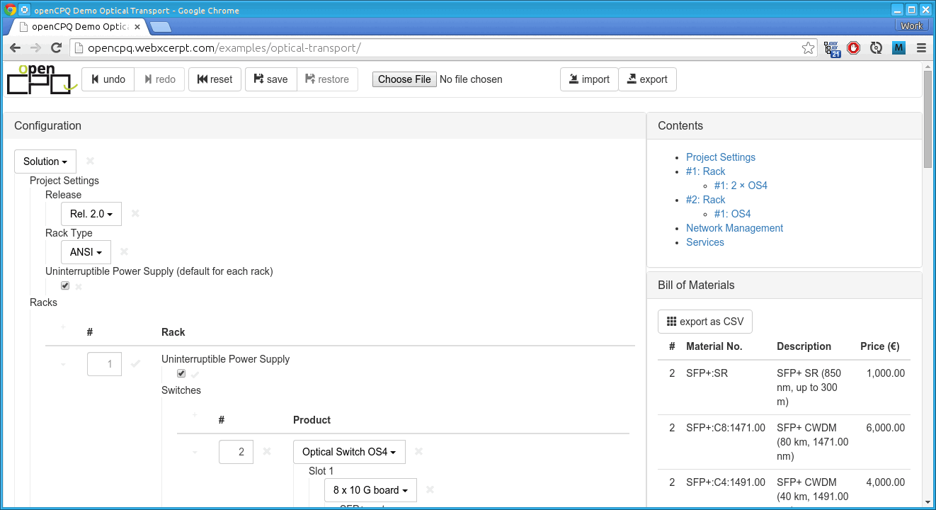Screenshot of the openCPQ browser-based interface showing a bicycle configuration