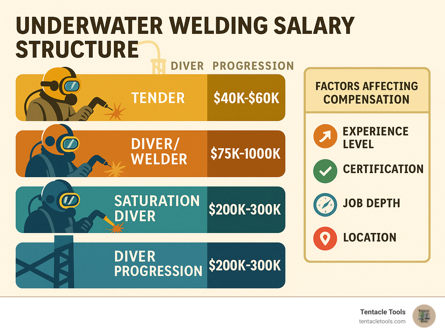 Offshore underwater welder working on a rig structure
