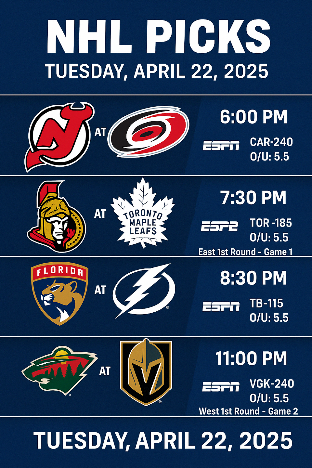 NHL picks and best bets graphic showing matchup analysis