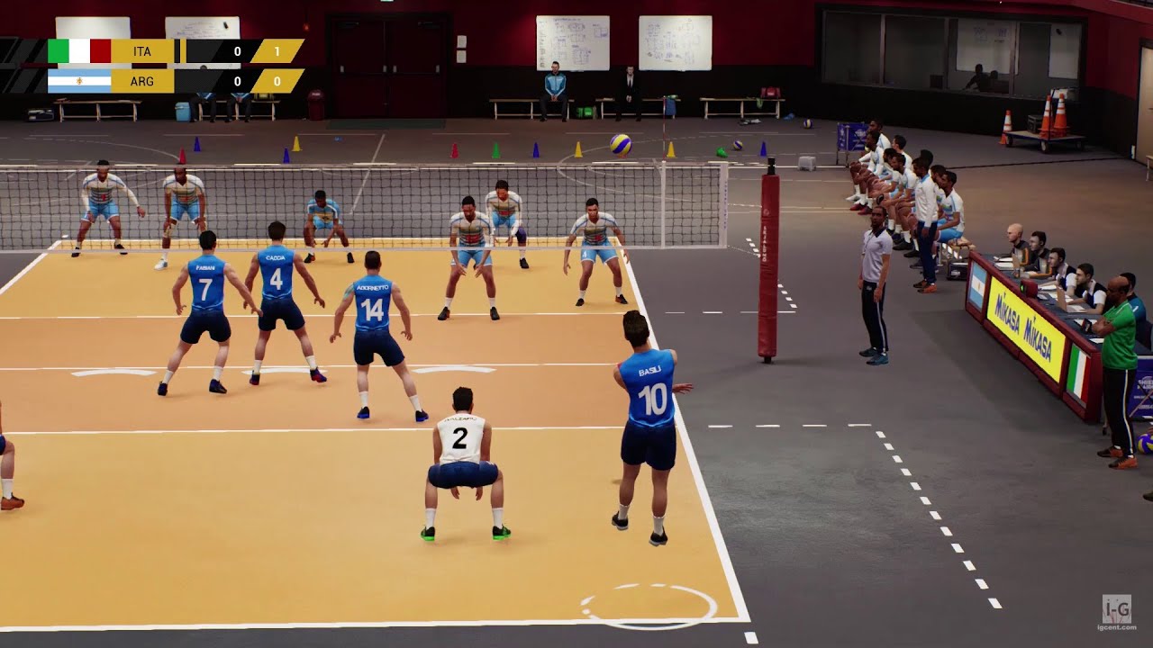 Gameplay footage from a volleyball video game showing the court layout
