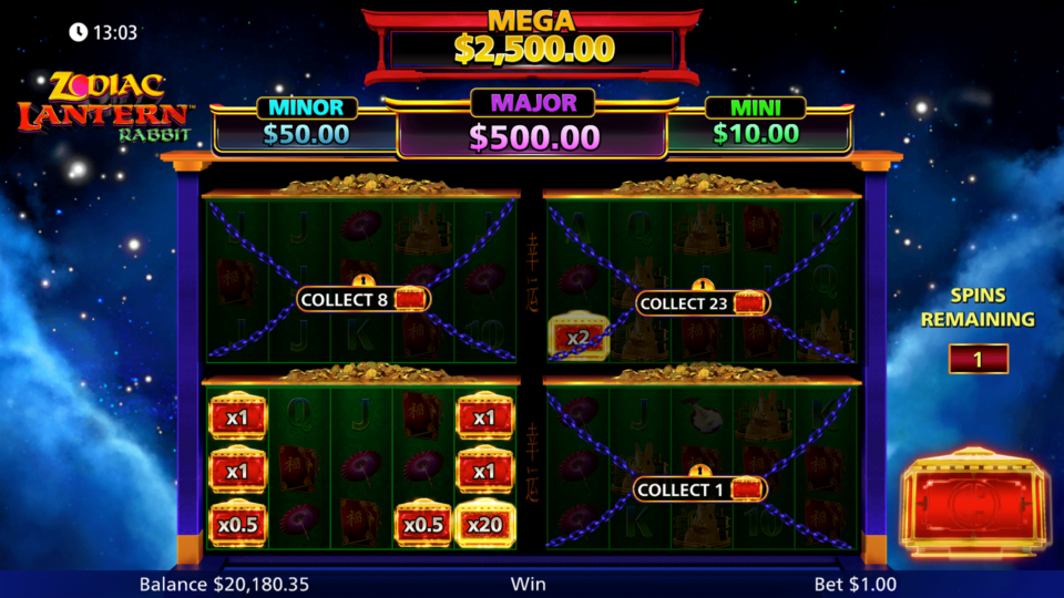 Zodiac Lantern Rabbit bonus screen showing the four jackpot tiers: Mini, Minor, Major, and Mega