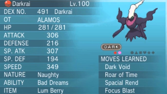 Screenshot of the Alamos Darkrai summary screen showing Roar of Time and Spacial Rend