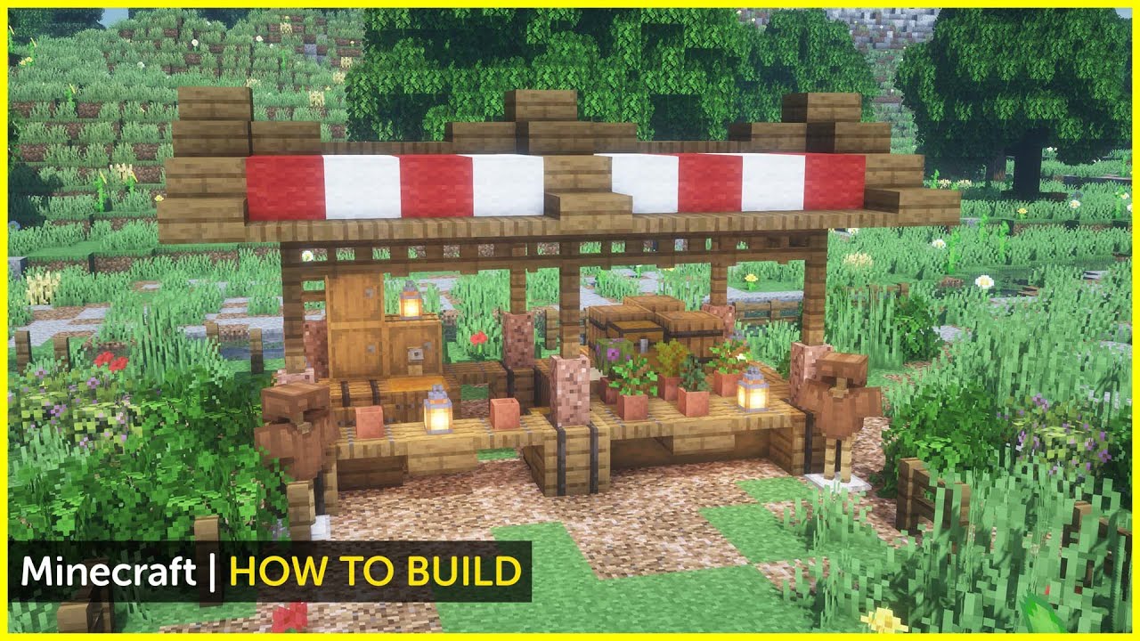 A wide view of a Minecraft marketplace showing multiple stalls arranged around a central path