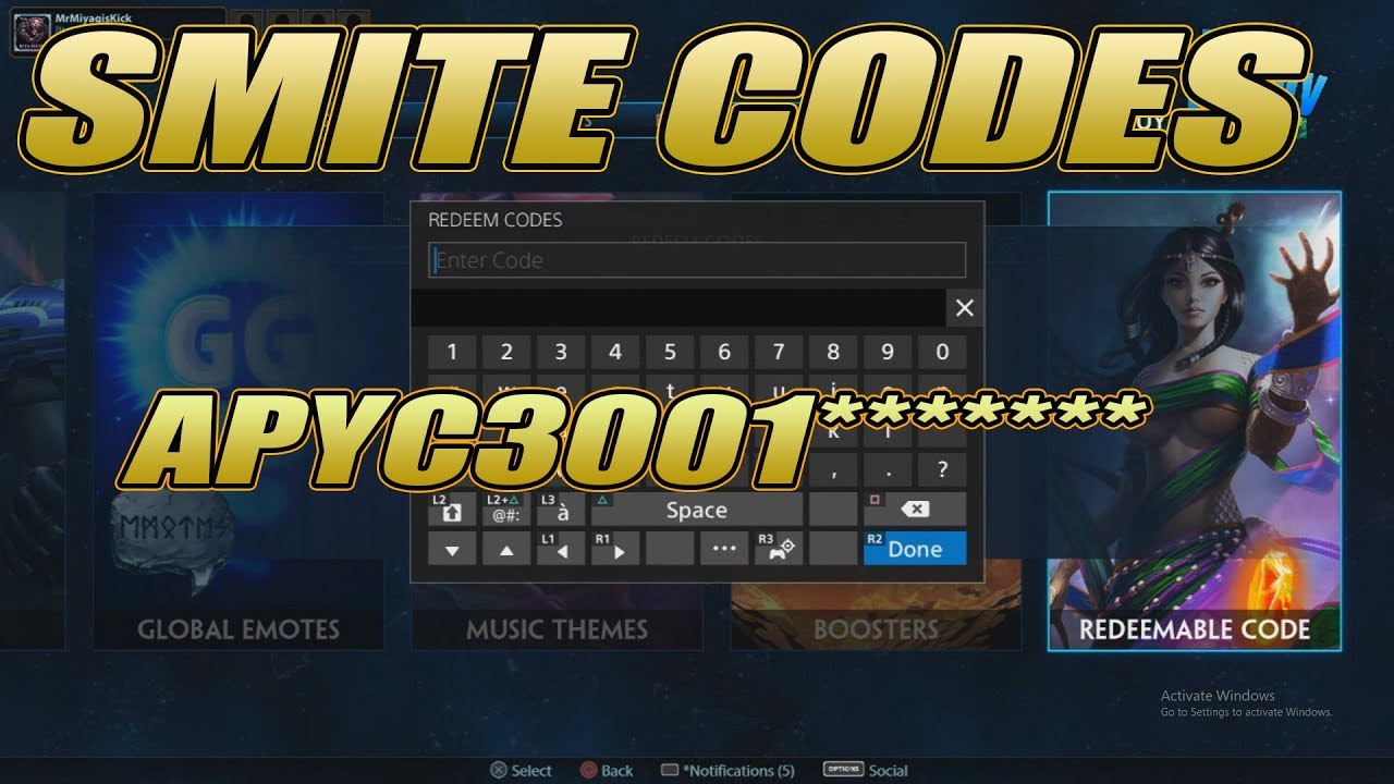 Smite promotional codes and free rewards screen showing various god skins
