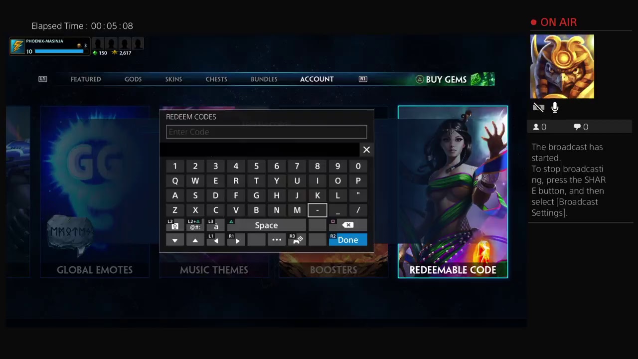 Smite PlayStation 4 code redemption screen showing bundle unlocks