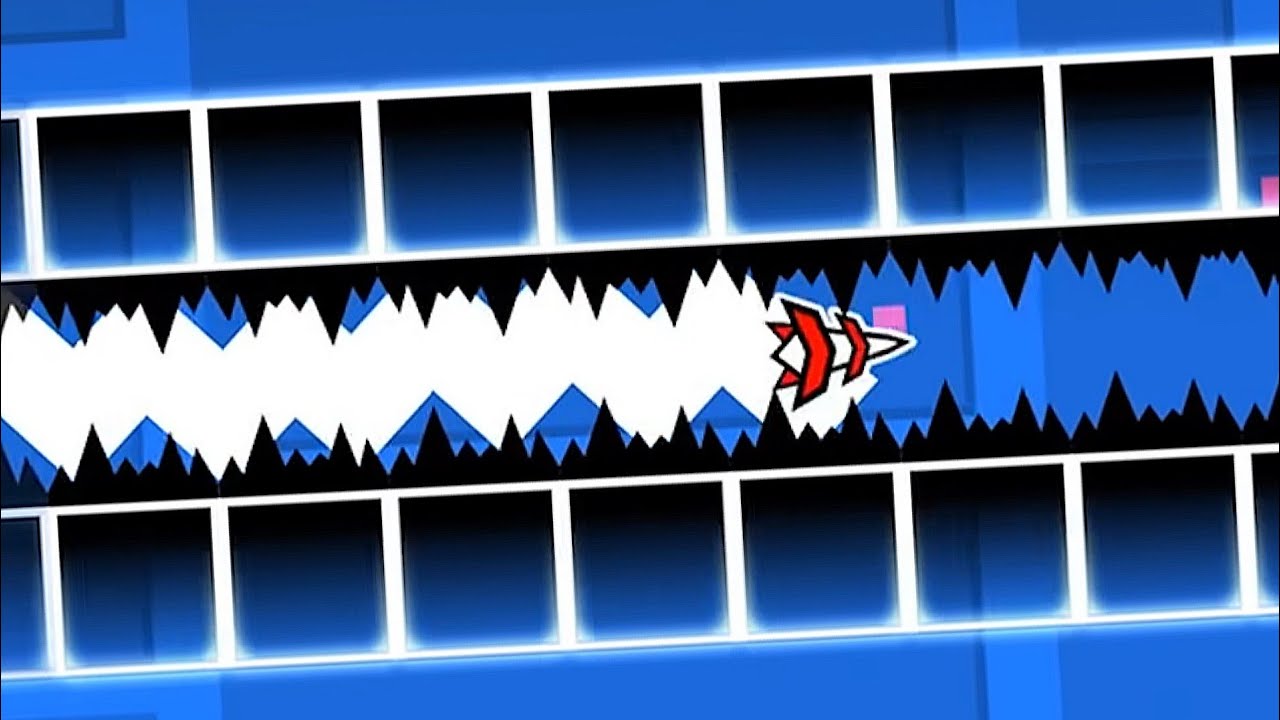 Geometry Dash wave challenge gameplay showing a tight neon corridor