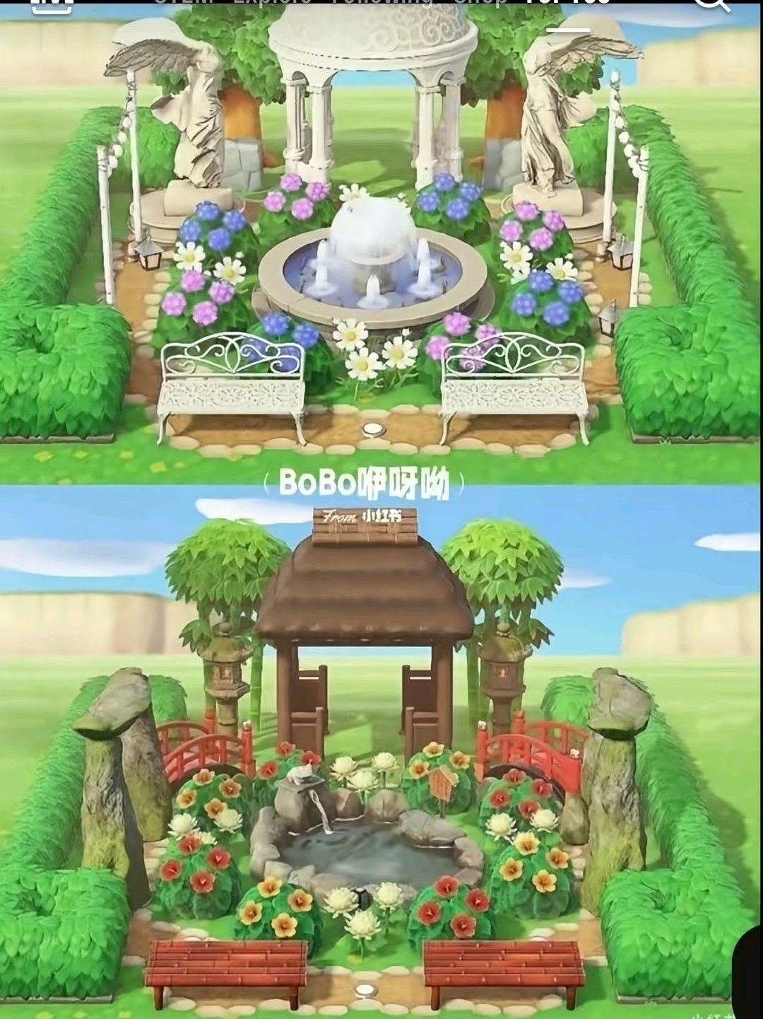 A beautifully styled gazebo in Animal Crossing New Horizons surrounded by flowers and custom paths