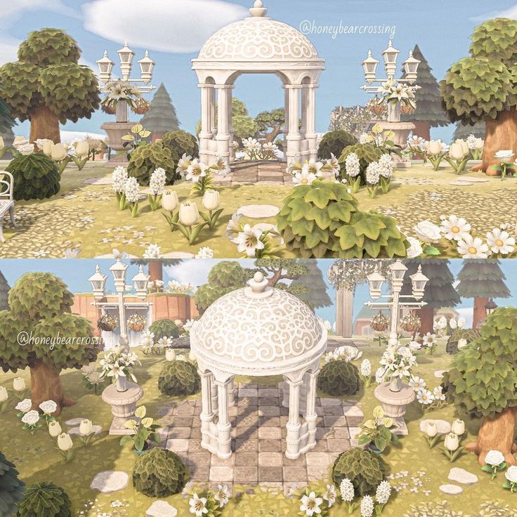 A grid showing various color customizations for the ACNH gazebo including white, green, and black
