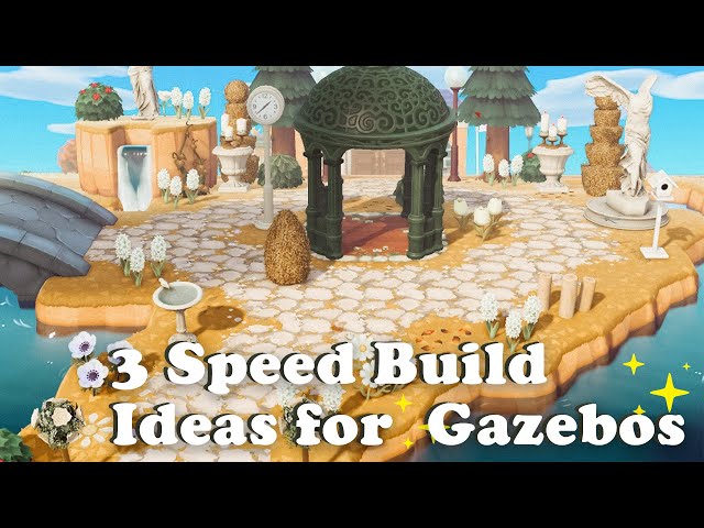 A speed build demonstration showing different ways to decorate around a gazebo in Animal Crossing