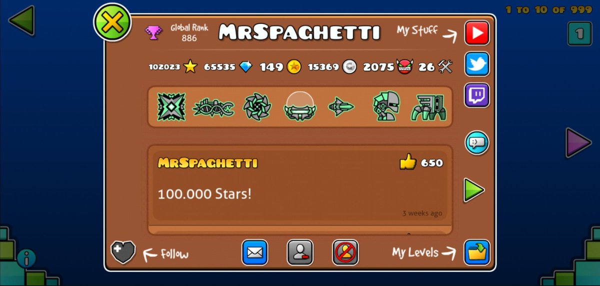 Screenshot showing detailed Geometry Dash statistics and player data