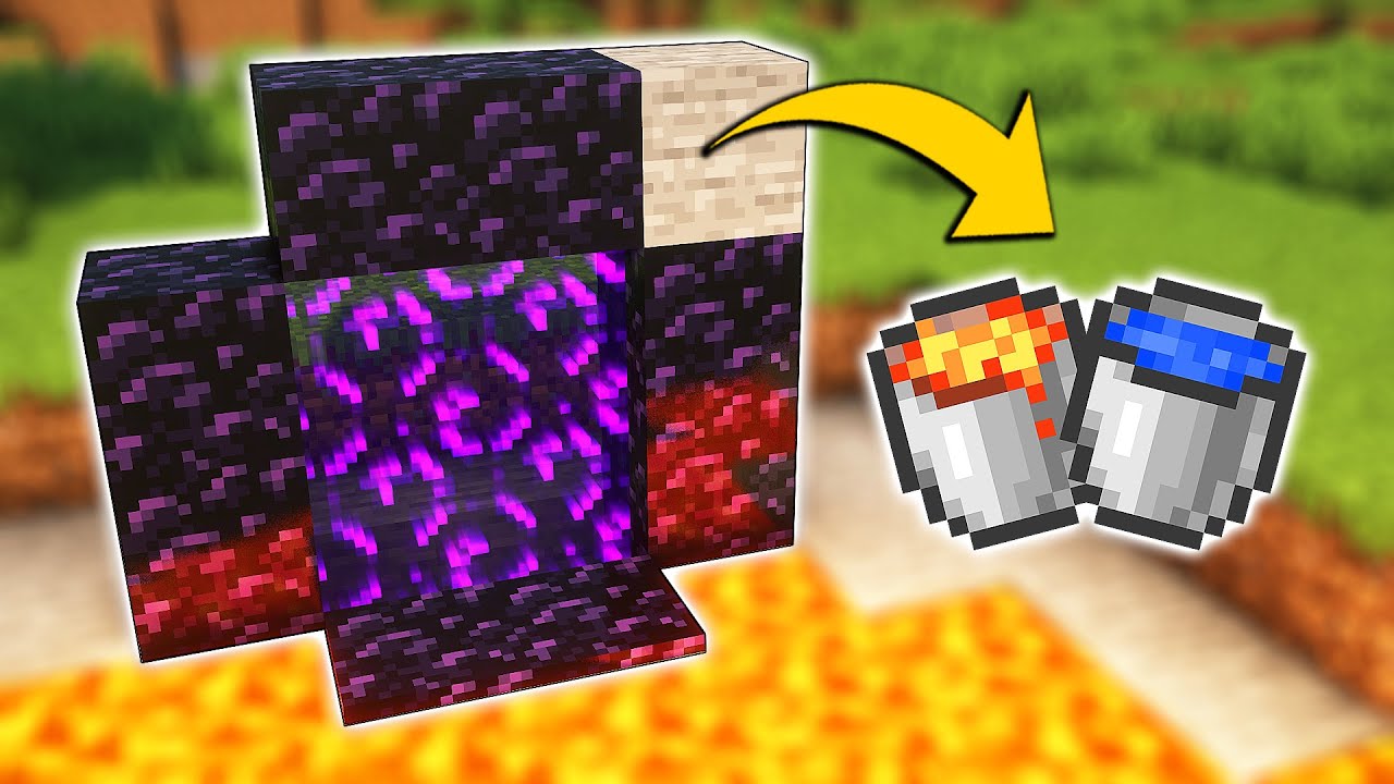 A completed Nether portal standing next to a natural lava pool in Minecraft